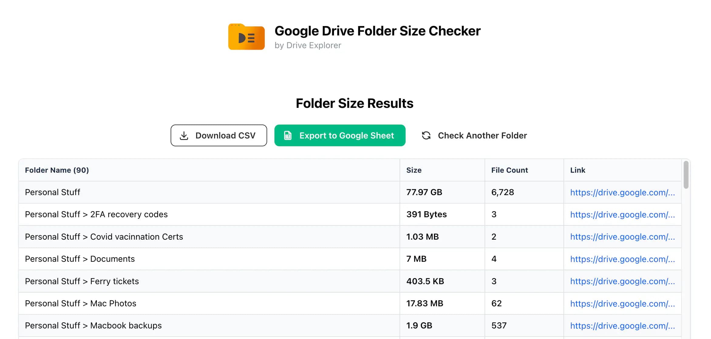 Detailed Google Drive folder size report showing subfolder breakdown and storage usage.